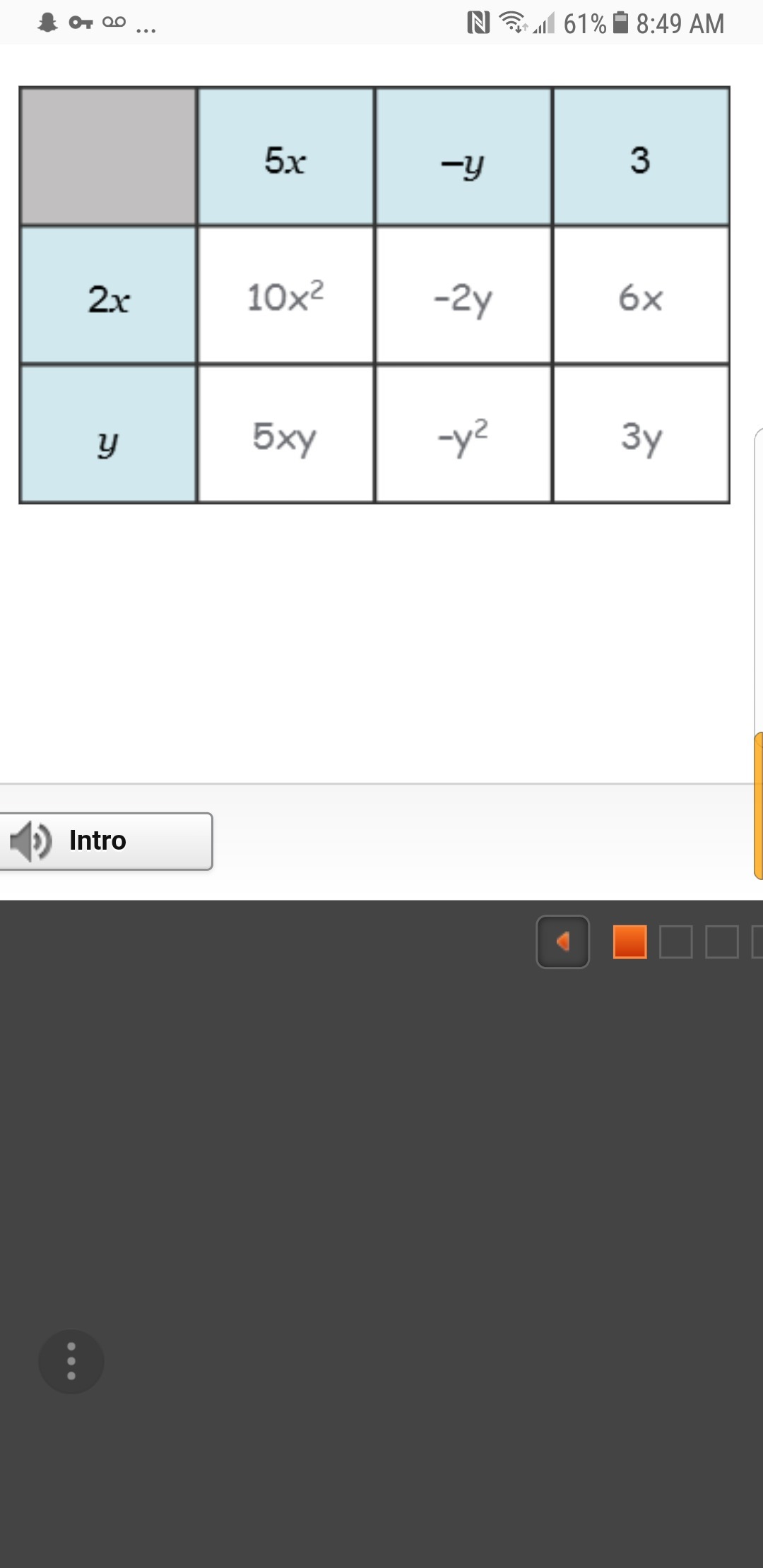 Shana Used A Table To Multiply The Polynomials 2x Y And 5x Y 3 Her Work Is Shown Below Muriel Told Shana That One Of The Products In The Table