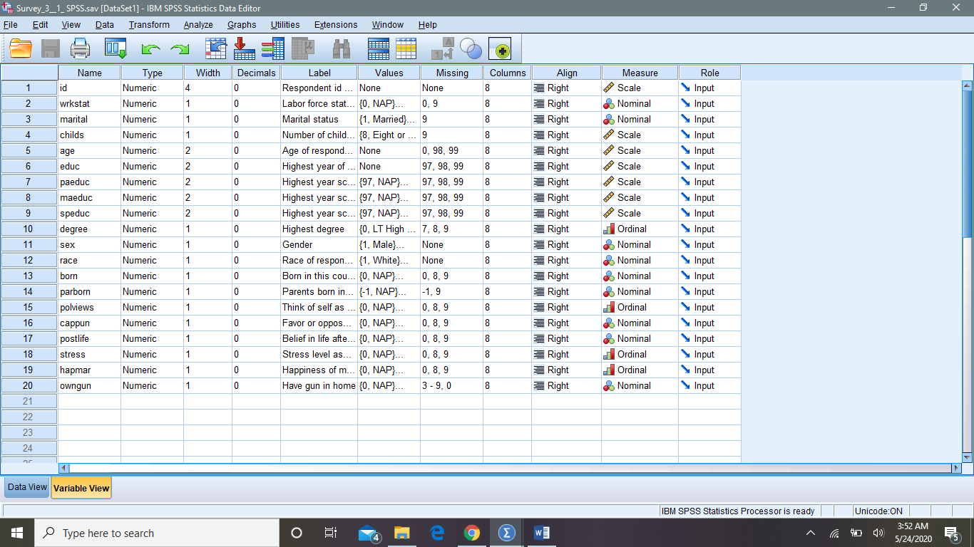 For this assignment you will need to download and open a data file that is posted in the Course Content folder and titled “descriptive dataset.sav”. Perform analyses in SPSS on three (3) variables (on 10
