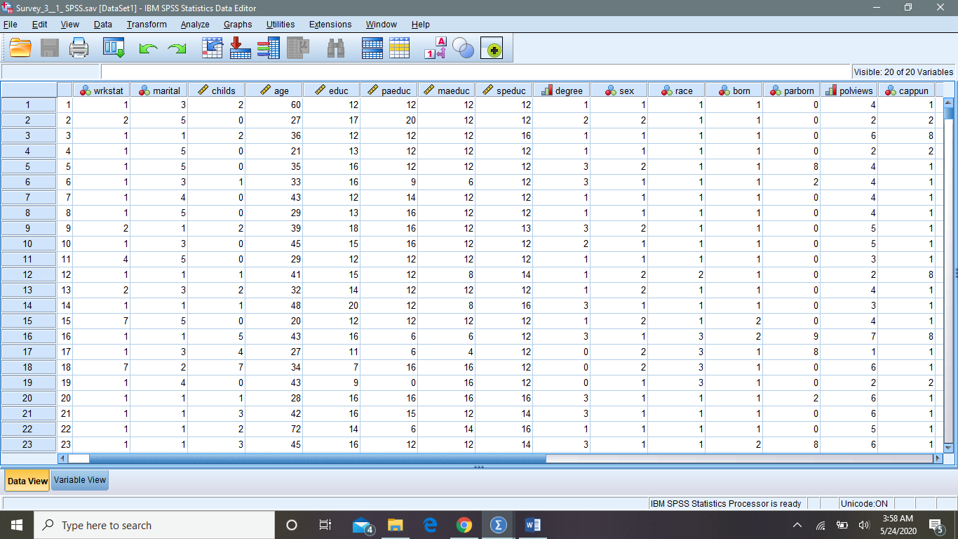 For this assignment you will need to download and open a data file that is posted in the Course Content folder and titled “descriptive dataset.sav”. Perform analyses in SPSS on three (3) variables (on 11