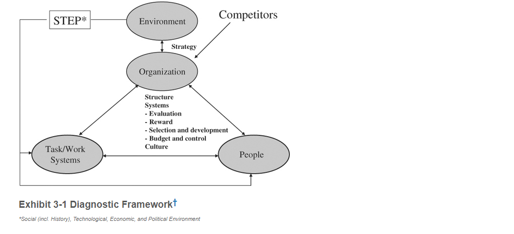 Directions:Read Exhibit 3‐1 Diagnostic Framework, p. 56, in your textbook.Requirements:In this self‐reflective assignment, you will select a common organizational framework that can be used to sha 2