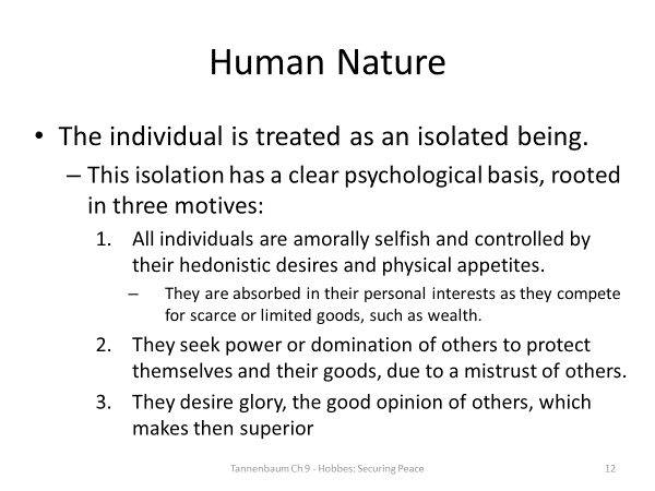 Summarize some of the philosophical ideas of Thomas Hobbes that were discussed in Chapter 9 of Tannenbaum.Explain how these ideas are shown in a piece of Hobbes’ work that Tannenbaum discusses in the 12