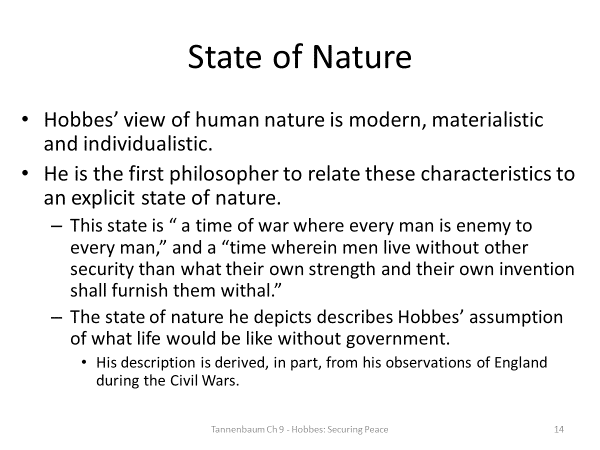 Summarize some of the philosophical ideas of Thomas Hobbes that were discussed in Chapter 9 of Tannenbaum.Explain how these ideas are shown in a piece of Hobbes’ work that Tannenbaum discusses in the 14