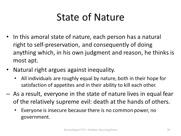 Summarize some of the philosophical ideas of Thomas Hobbes that were discussed in Chapter 9 of Tannenbaum.Explain how these ideas are shown in a piece of Hobbes’ work that Tannenbaum discusses in the 16