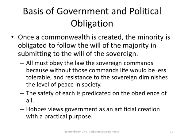 Summarize some of the philosophical ideas of Thomas Hobbes that were discussed in Chapter 9 of Tannenbaum.Explain how these ideas are shown in a piece of Hobbes’ work that Tannenbaum discusses in the 21