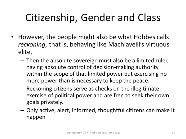 Summarize some of the philosophical ideas of Thomas Hobbes that were discussed in Chapter 9 of Tannenbaum.Explain how these ideas are shown in a piece of Hobbes’ work that Tannenbaum discusses in the 31