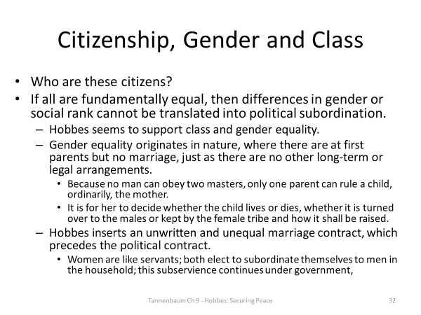 Summarize some of the philosophical ideas of Thomas Hobbes that were discussed in Chapter 9 of Tannenbaum.Explain how these ideas are shown in a piece of Hobbes’ work that Tannenbaum discusses in the 32