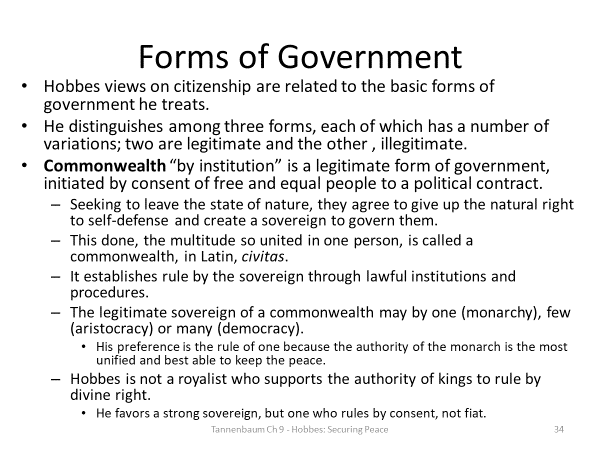 Summarize some of the philosophical ideas of Thomas Hobbes that were discussed in Chapter 9 of Tannenbaum.Explain how these ideas are shown in a piece of Hobbes’ work that Tannenbaum discusses in the 34