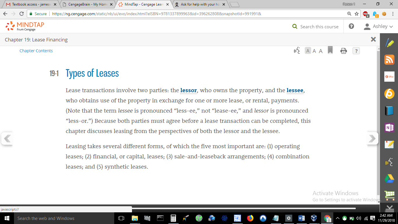 Discussions: 2 solid paragraph each with reference:Compare and contrast two types of leases and describe the advantages and disadvantages of each. Which type of lease would produce the lowest risk?In 1