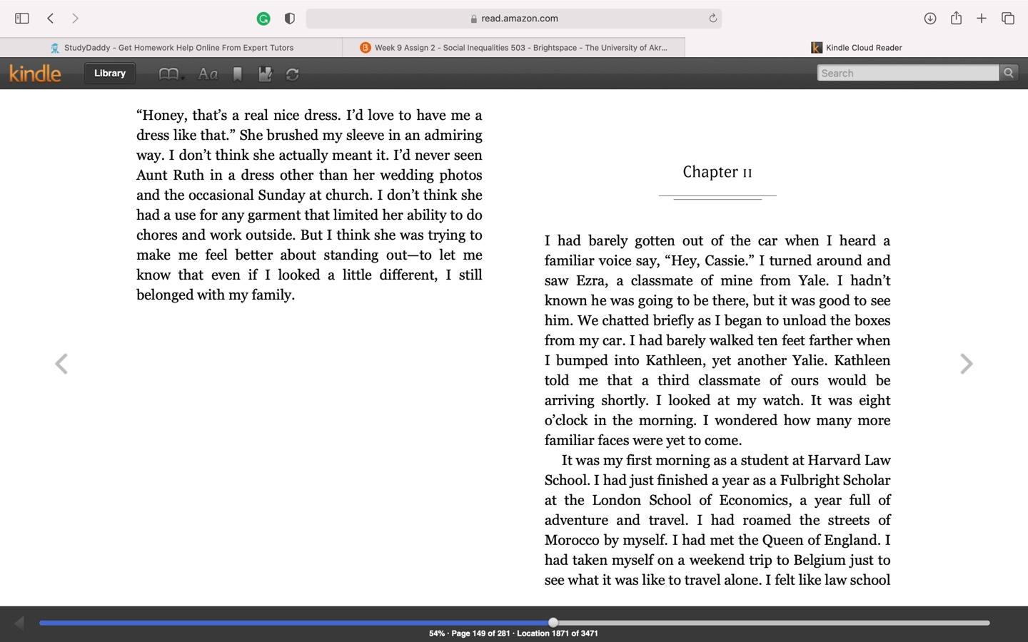 Q1:  What is Cassie's "journey" in law school?  What realizations and changes come about as she spends her time at Harvard Law?  What causes the changes in her basic beliefs and ideas about her future 1