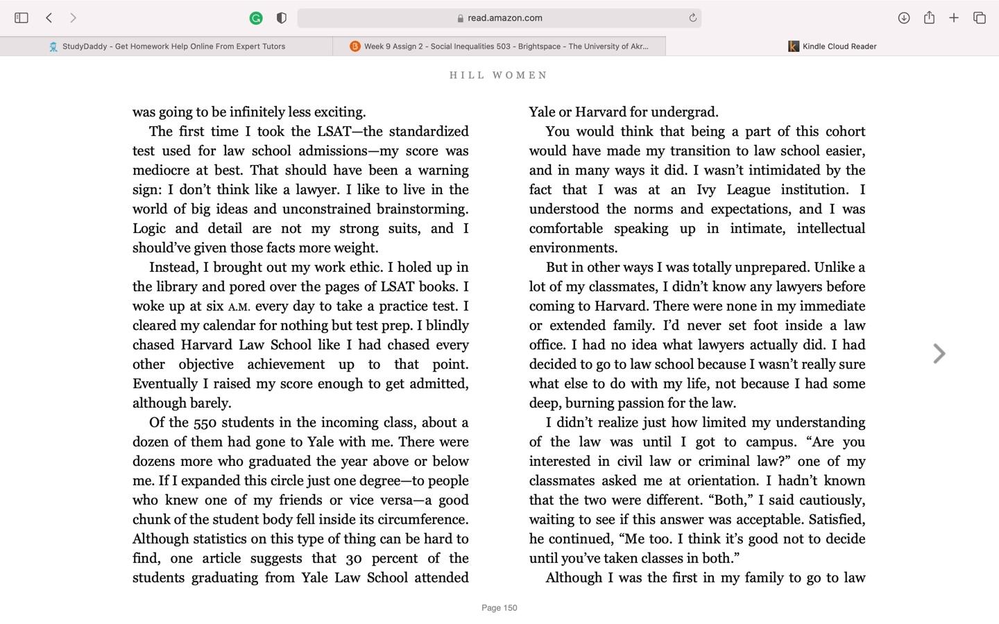 Q1:  What is Cassie's "journey" in law school?  What realizations and changes come about as she spends her time at Harvard Law?  What causes the changes in her basic beliefs and ideas about her future 2