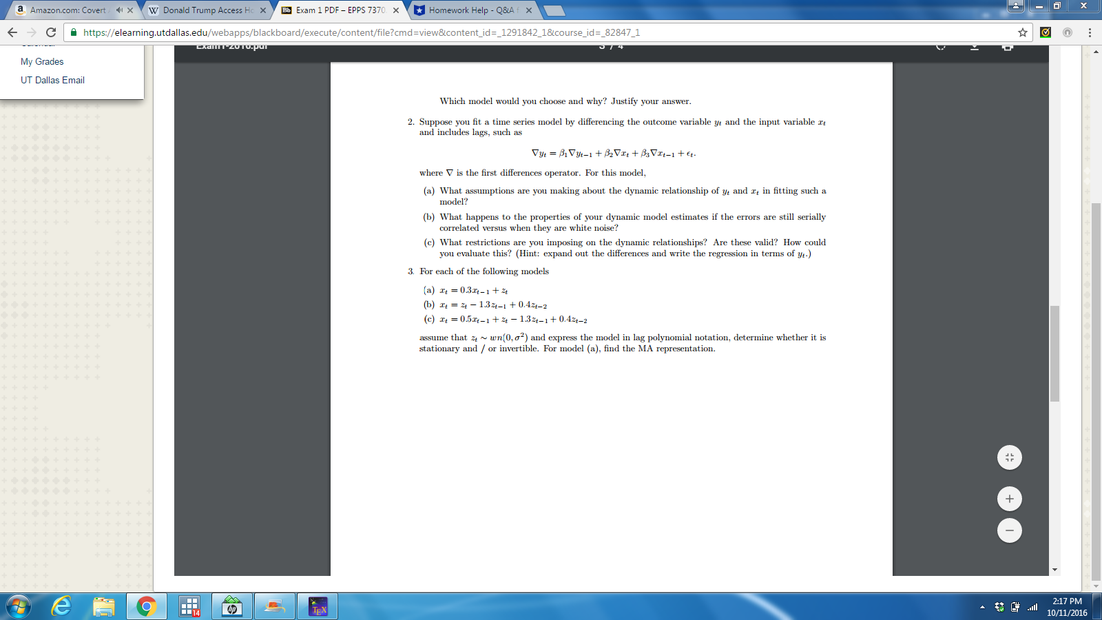 For each of the following models (a) xt = 0.3xt1 + zt (b) xt = zt 1.3zt1 + 0.4zt2 (c) xt = 0.5xt1 + zt 1.3zt1 + 0. 1