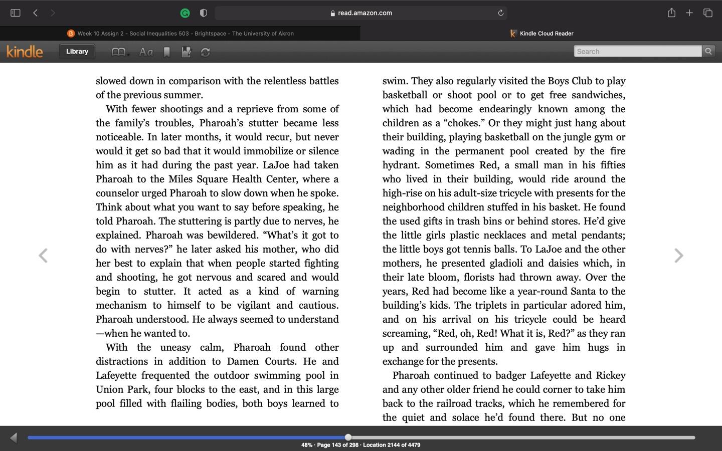 At any time during the semester, students may choose to do one 20-point extra credit.  Instructions:  Choose a chapter (any chapter) from each of the two books (Kotlowitz & Chambers). Identify the 12