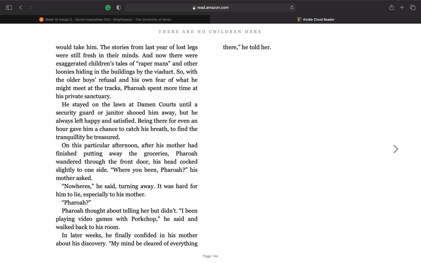 At any time during the semester, students may choose to do one 20-point extra credit.  Instructions:  Choose a chapter (any chapter) from each of the two books (Kotlowitz & Chambers). Identify the 13