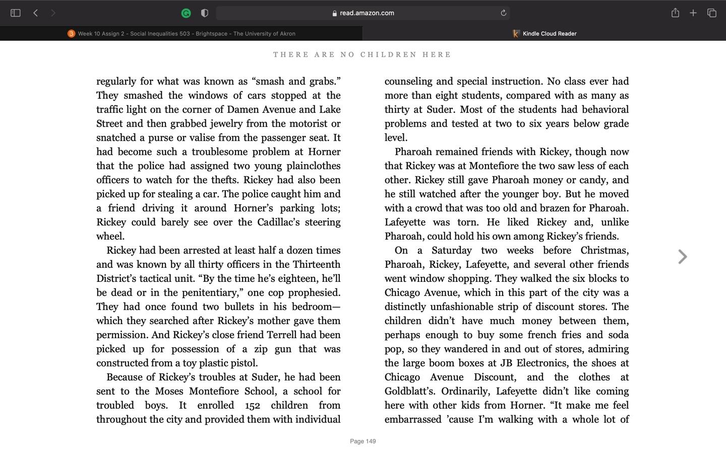 At any time during the semester, students may choose to do one 20-point extra credit.  Instructions:  Choose a chapter (any chapter) from each of the two books (Kotlowitz & Chambers). Identify the 14