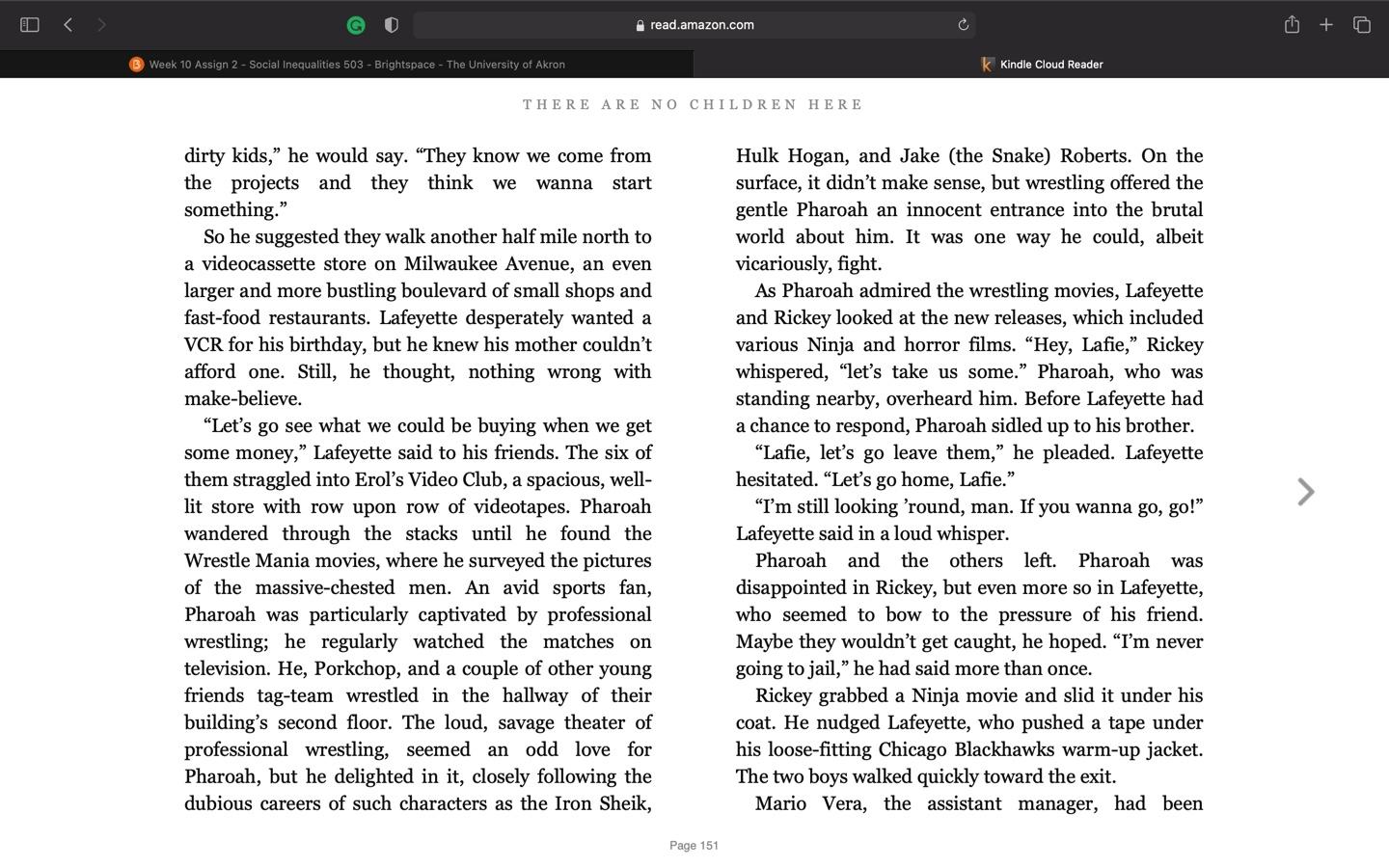 At any time during the semester, students may choose to do one 20-point extra credit.  Instructions:  Choose a chapter (any chapter) from each of the two books (Kotlowitz & Chambers). Identify the 15