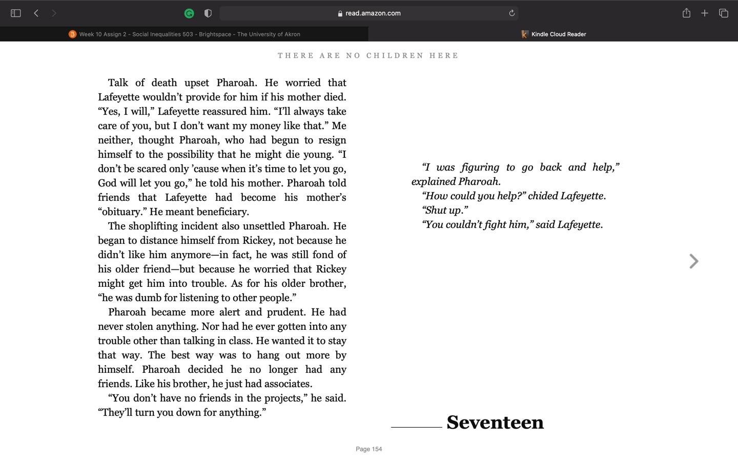 At any time during the semester, students may choose to do one 20-point extra credit.  Instructions:  Choose a chapter (any chapter) from each of the two books (Kotlowitz & Chambers). Identify the 18