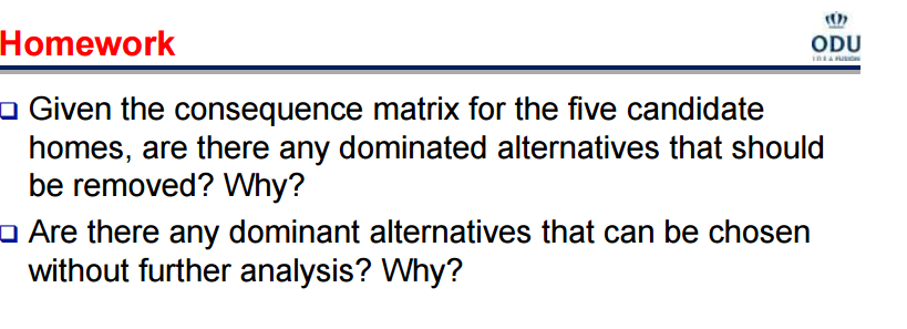 Given the consequence matrix for the five candidatehomes, are there any dominated alternatives that shouldbe removed? Why? 3