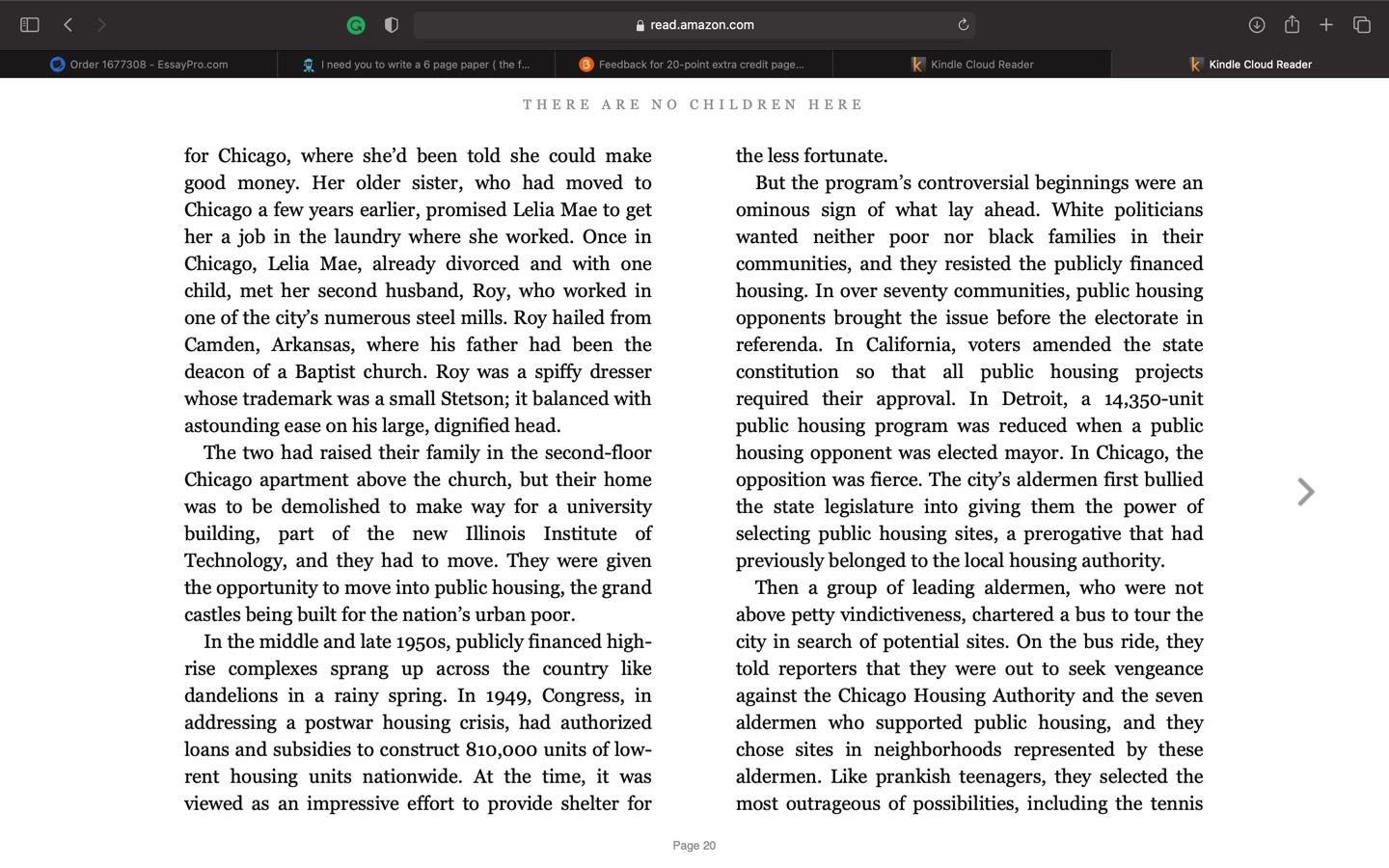 At any time during the semester, students may choose to do one 20-point extra credit.  Instructions:  Choose a chapter (any chapter) from each of the two books (Kotlowitz & Chambers). Identify the 2