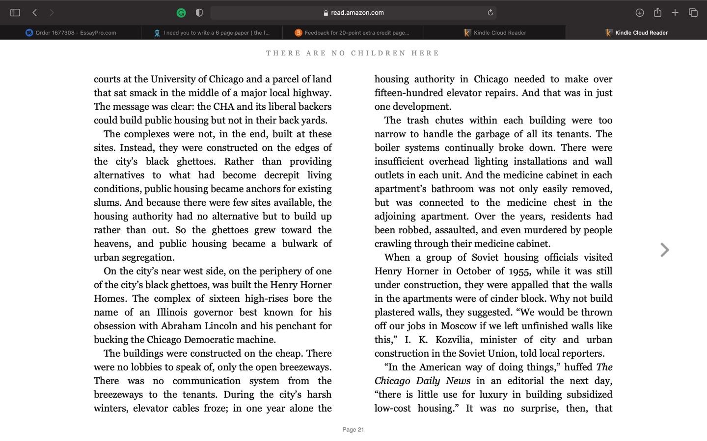 At any time during the semester, students may choose to do one 20-point extra credit.  Instructions:  Choose a chapter (any chapter) from each of the two books (Kotlowitz & Chambers). Identify the 3