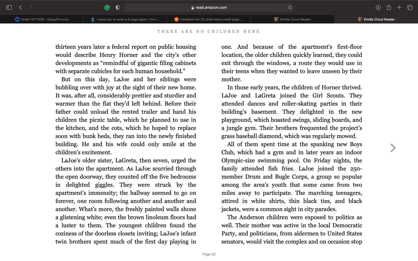 At any time during the semester, students may choose to do one 20-point extra credit.  Instructions:  Choose a chapter (any chapter) from each of the two books (Kotlowitz & Chambers). Identify the 4