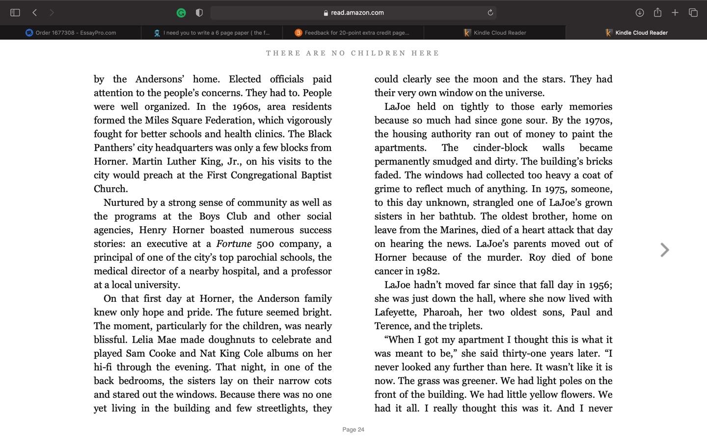 At any time during the semester, students may choose to do one 20-point extra credit.  Instructions:  Choose a chapter (any chapter) from each of the two books (Kotlowitz & Chambers). Identify the 5