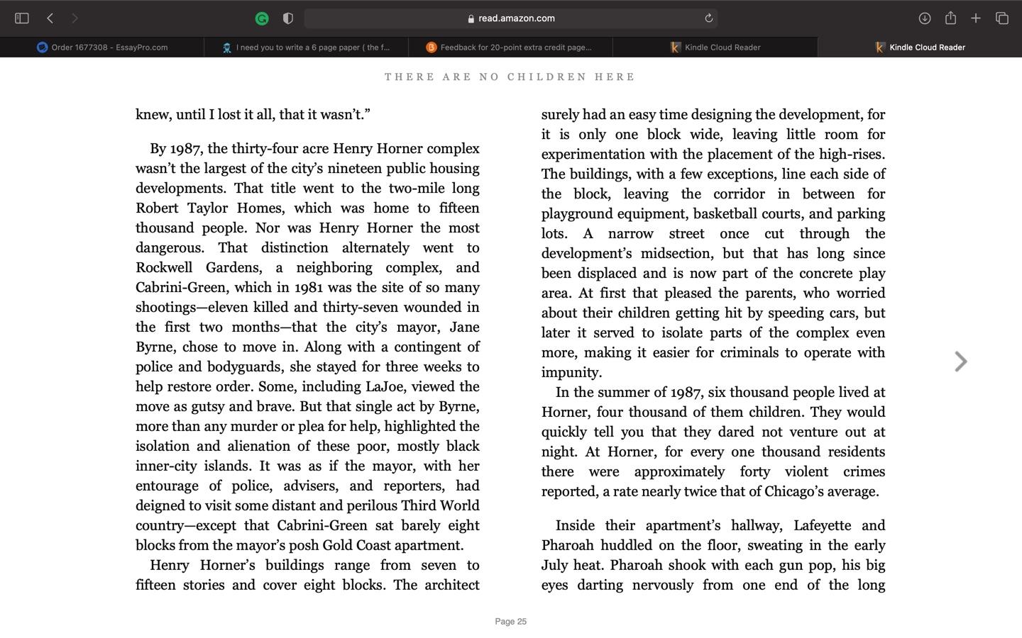 At any time during the semester, students may choose to do one 20-point extra credit.  Instructions:  Choose a chapter (any chapter) from each of the two books (Kotlowitz & Chambers). Identify the 6