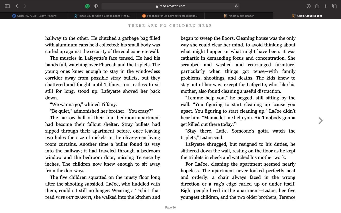 At any time during the semester, students may choose to do one 20-point extra credit.  Instructions:  Choose a chapter (any chapter) from each of the two books (Kotlowitz & Chambers). Identify the 7