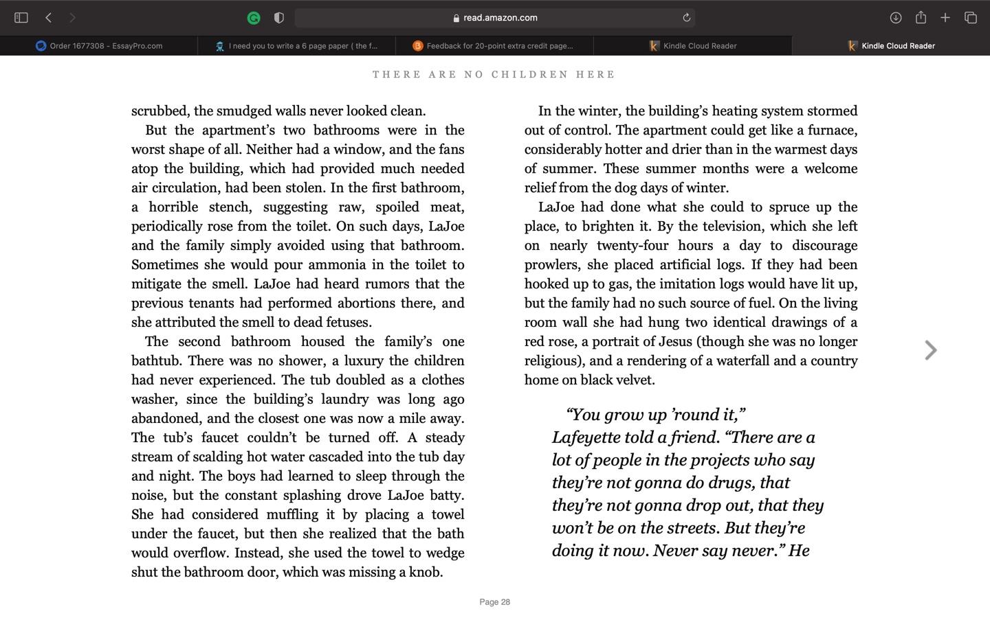 At any time during the semester, students may choose to do one 20-point extra credit.  Instructions:  Choose a chapter (any chapter) from each of the two books (Kotlowitz & Chambers). Identify the 9