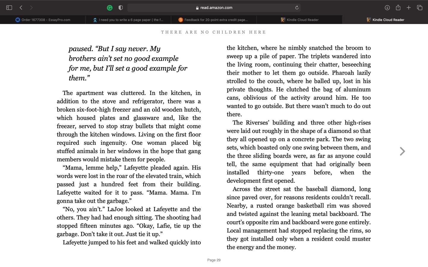 At any time during the semester, students may choose to do one 20-point extra credit.  Instructions:  Choose a chapter (any chapter) from each of the two books (Kotlowitz & Chambers). Identify the 10