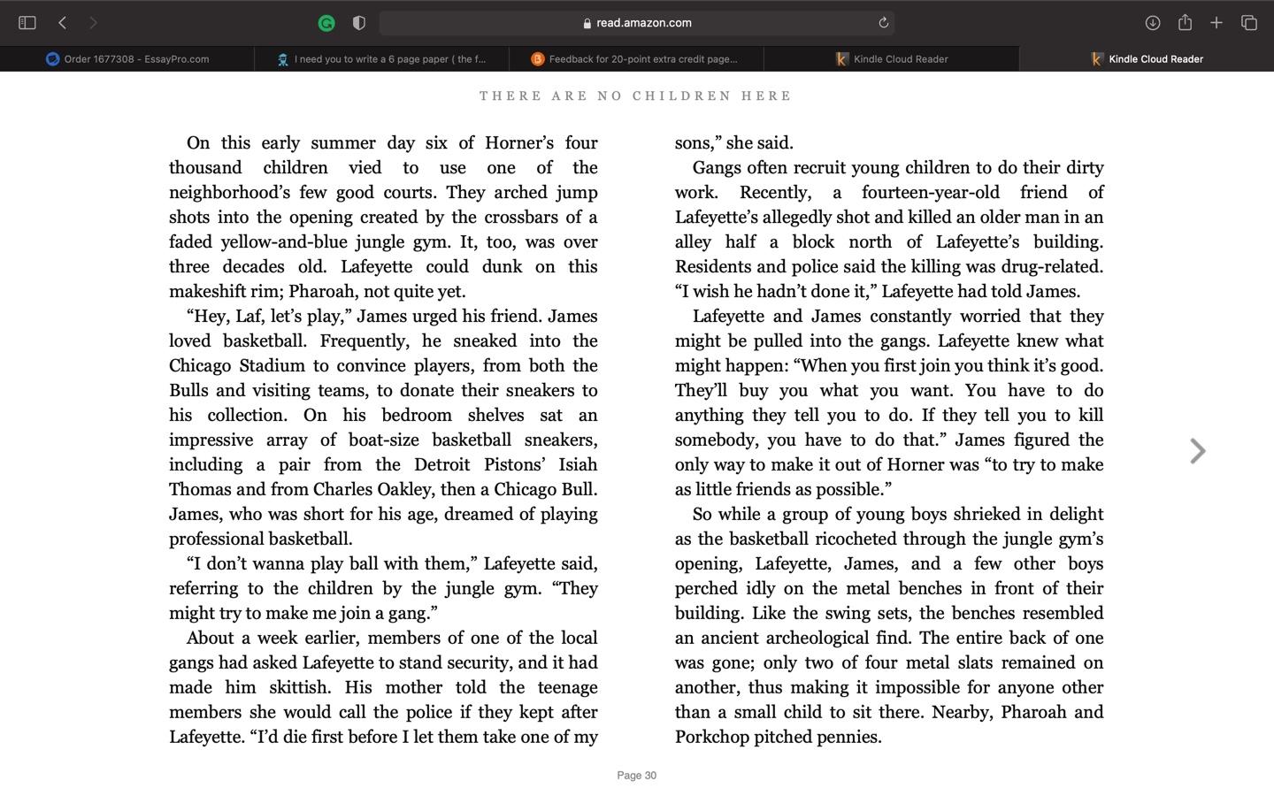At any time during the semester, students may choose to do one 20-point extra credit.  Instructions:  Choose a chapter (any chapter) from each of the two books (Kotlowitz & Chambers). Identify the 11