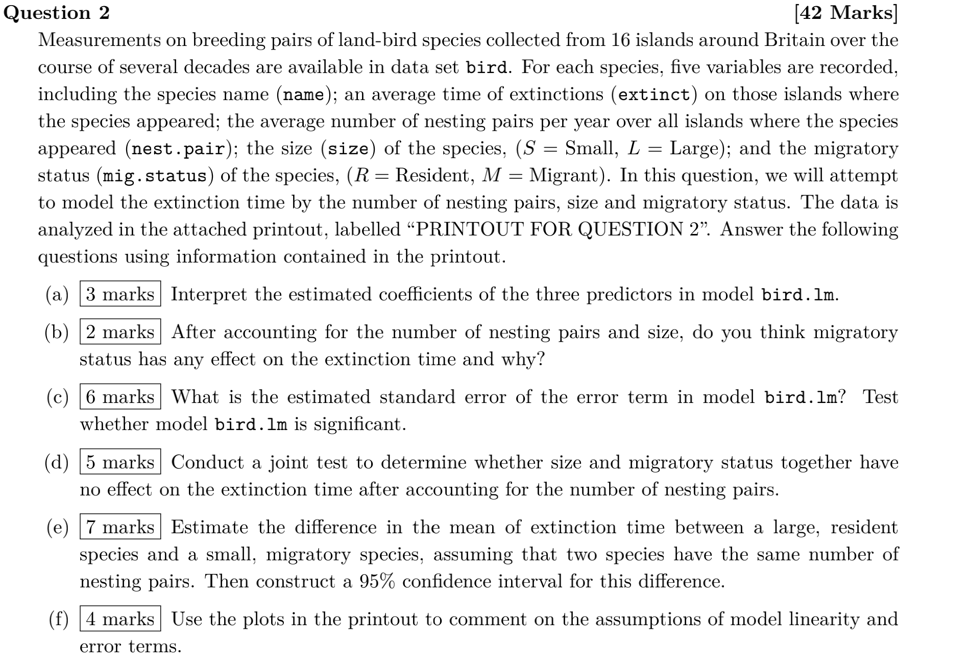 using R output to answer the Question 1