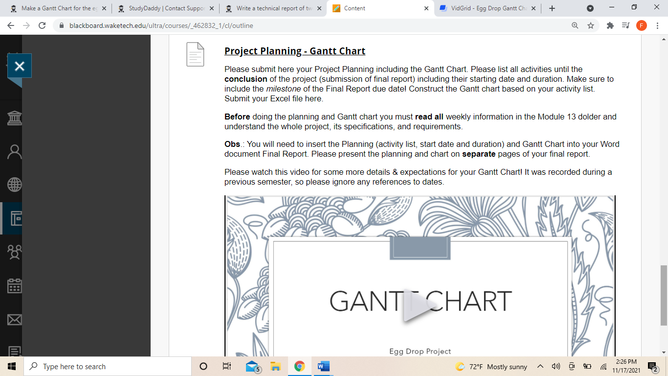 Make a Gantt Chart for the egg drop project 7