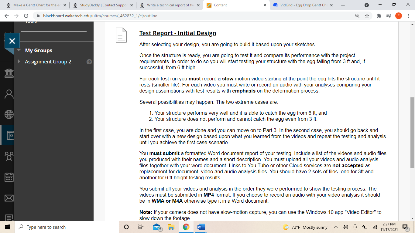 Make a Gantt Chart for the egg drop project 9