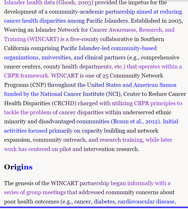 Case study #2 - Improving Pacific Islander health through community participation, p.428 in textbook:  Huff, R. M., Klein, M. V., Klein, & Peterson, D. V. (Eds). (2015). Health promotion in multic 1