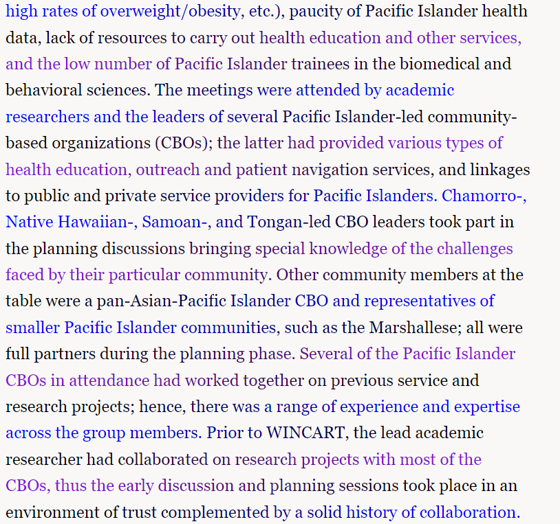 Case study #2 - Improving Pacific Islander health through community participation, p.428 in textbook:  Huff, R. M., Klein, M. V., Klein, & Peterson, D. V. (Eds). (2015). Health promotion in multic 2