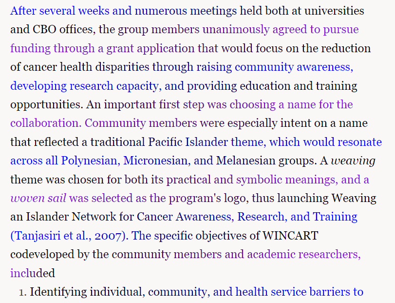 Case study #2 - Improving Pacific Islander health through community participation, p.428 in textbook:  Huff, R. M., Klein, M. V., Klein, & Peterson, D. V. (Eds). (2015). Health promotion in multic 3
