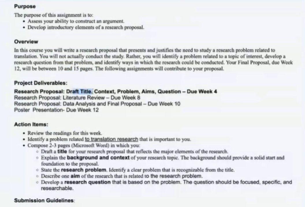 I want a research proposal in translation filed between 11 to 13 pages  I have a certain point to follow  every 2 weeks I need a specific section 1