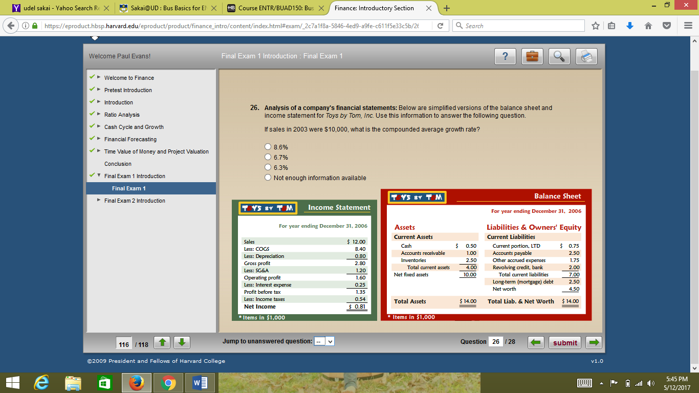 Below are simplified versions of the balance sheet and income statement for Toys by Tom, Inc. Use this information to answer the following question. 1