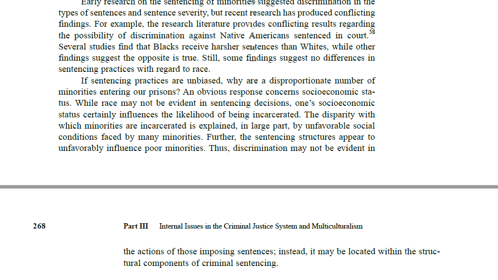 When there is an appearance of racial disparity in sentencing this is not necessarily evidence of racial discrimination in sentencing. Explain why this is the case; meaning, what are the alternative e 3