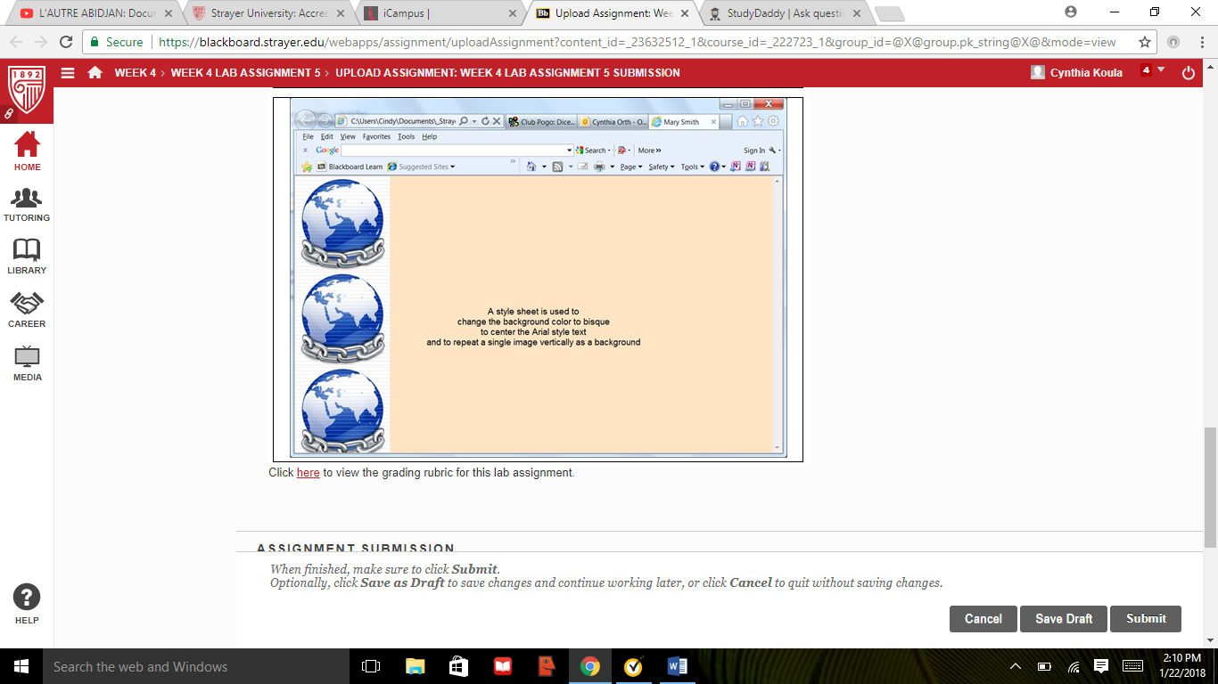 Lab Assignment 5: Navigation Bars and Repeated ImagesDue Week 4 and worth 40 pointsDeliverable: Four (4) Web pages (the home page and three image pages) and four (4) Cascading Style Sheets (.css) (one 4